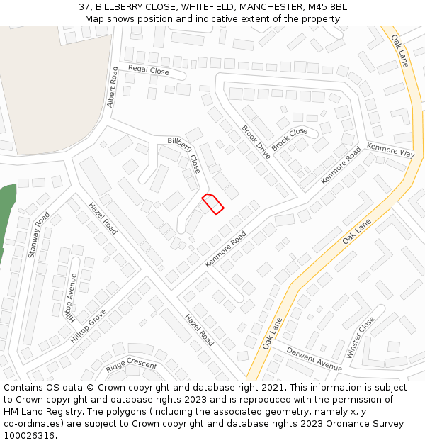 37, BILLBERRY CLOSE, WHITEFIELD, MANCHESTER, M45 8BL: Location map and indicative extent of plot