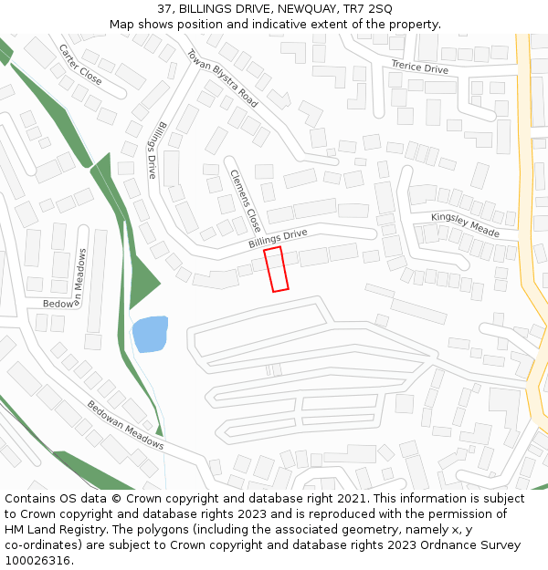 37, BILLINGS DRIVE, NEWQUAY, TR7 2SQ: Location map and indicative extent of plot