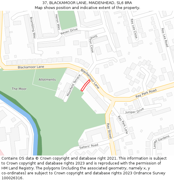 37, BLACKAMOOR LANE, MAIDENHEAD, SL6 8RA: Location map and indicative extent of plot