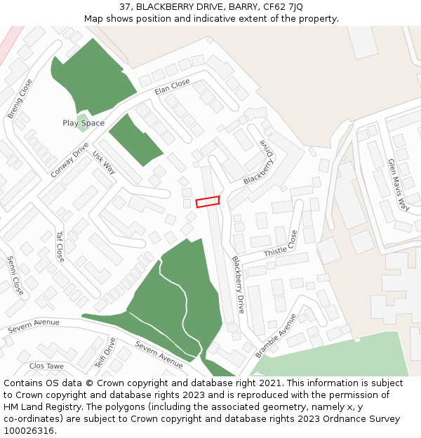 37, BLACKBERRY DRIVE, BARRY, CF62 7JQ: Location map and indicative extent of plot