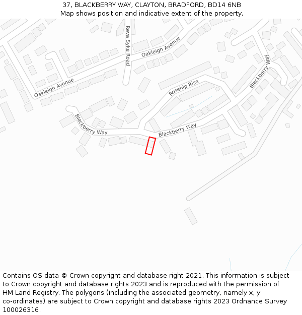 37, BLACKBERRY WAY, CLAYTON, BRADFORD, BD14 6NB: Location map and indicative extent of plot