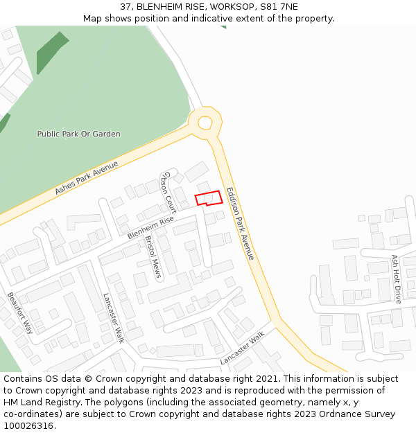 37, BLENHEIM RISE, WORKSOP, S81 7NE: Location map and indicative extent of plot