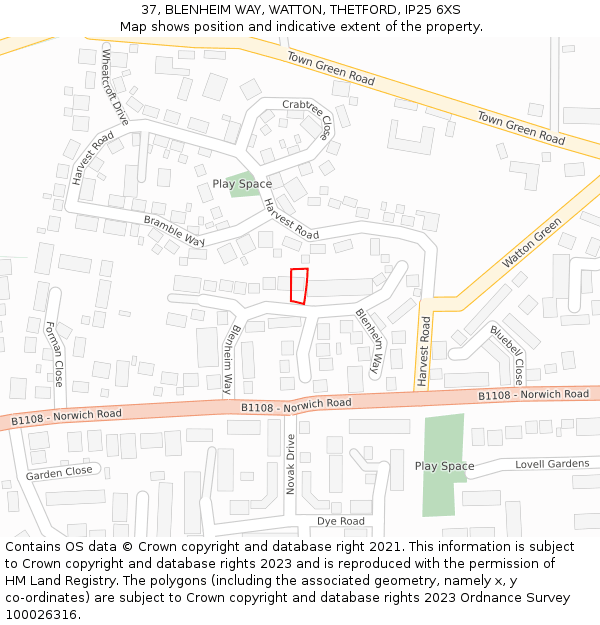 37, BLENHEIM WAY, WATTON, THETFORD, IP25 6XS: Location map and indicative extent of plot