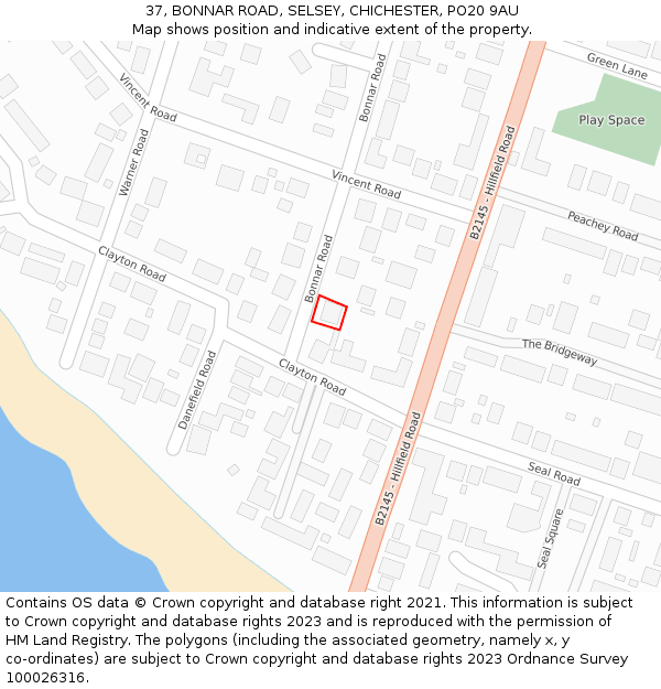 37, BONNAR ROAD, SELSEY, CHICHESTER, PO20 9AU: Location map and indicative extent of plot