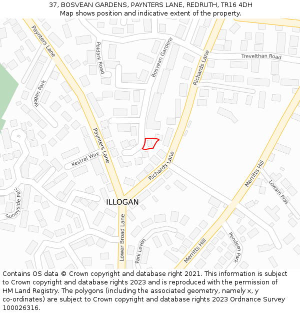 37, BOSVEAN GARDENS, PAYNTERS LANE, REDRUTH, TR16 4DH: Location map and indicative extent of plot