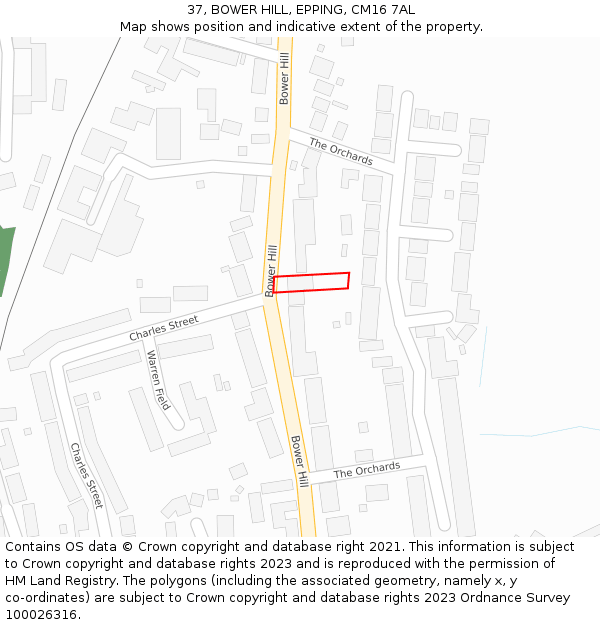 37, BOWER HILL, EPPING, CM16 7AL: Location map and indicative extent of plot