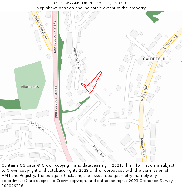 37, BOWMANS DRIVE, BATTLE, TN33 0LT: Location map and indicative extent of plot