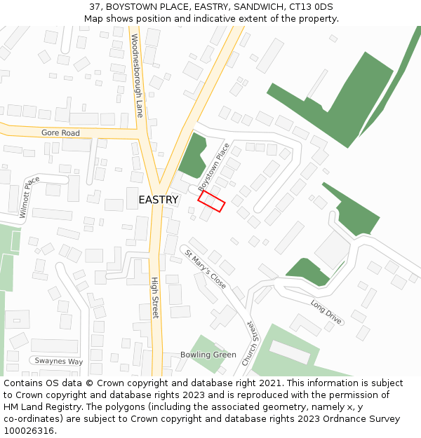 37, BOYSTOWN PLACE, EASTRY, SANDWICH, CT13 0DS: Location map and indicative extent of plot