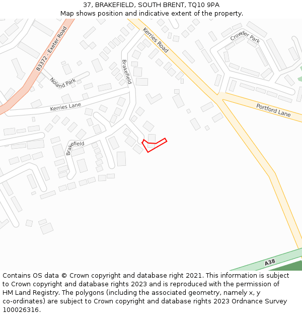 37, BRAKEFIELD, SOUTH BRENT, TQ10 9PA: Location map and indicative extent of plot