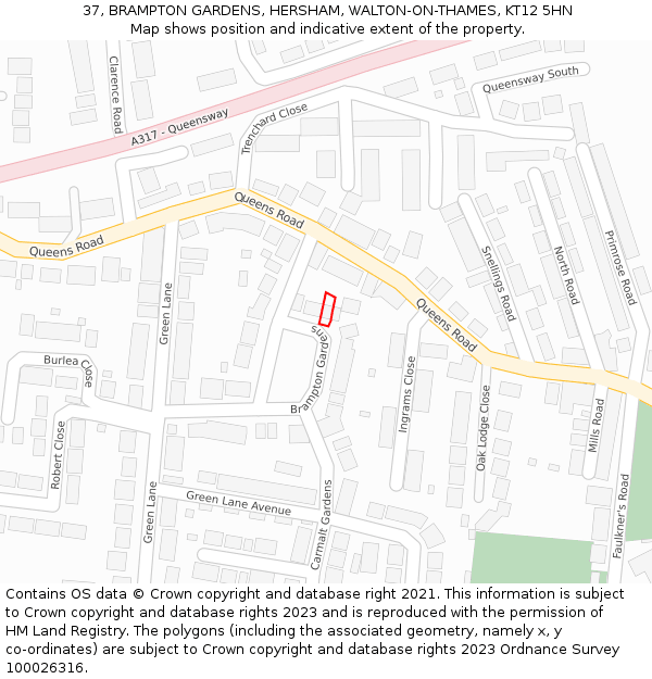 37, BRAMPTON GARDENS, HERSHAM, WALTON-ON-THAMES, KT12 5HN: Location map and indicative extent of plot