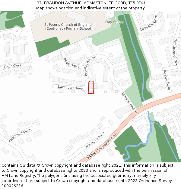 37, BRANDON AVENUE, ADMASTON, TELFORD, TF5 0DU: Location map and indicative extent of plot
