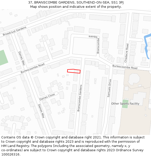 37, BRANSCOMBE GARDENS, SOUTHEND-ON-SEA, SS1 3PJ: Location map and indicative extent of plot