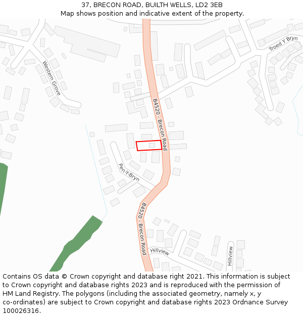 37, BRECON ROAD, BUILTH WELLS, LD2 3EB: Location map and indicative extent of plot