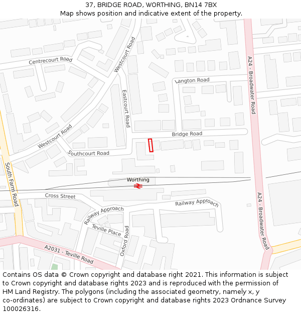 37, BRIDGE ROAD, WORTHING, BN14 7BX: Location map and indicative extent of plot