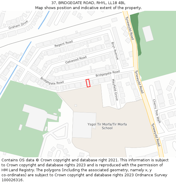 37, BRIDGEGATE ROAD, RHYL, LL18 4BL: Location map and indicative extent of plot