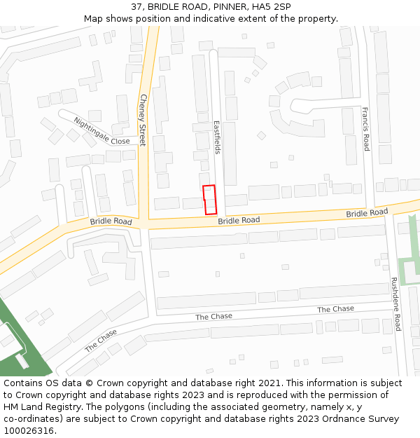 37, BRIDLE ROAD, PINNER, HA5 2SP: Location map and indicative extent of plot