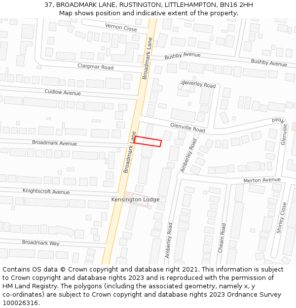 37, BROADMARK LANE, RUSTINGTON, LITTLEHAMPTON, BN16 2HH: Location map and indicative extent of plot