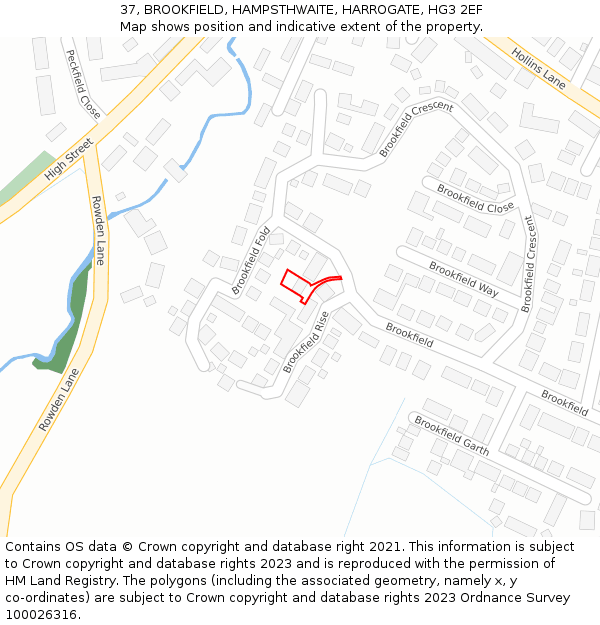 37, BROOKFIELD, HAMPSTHWAITE, HARROGATE, HG3 2EF: Location map and indicative extent of plot