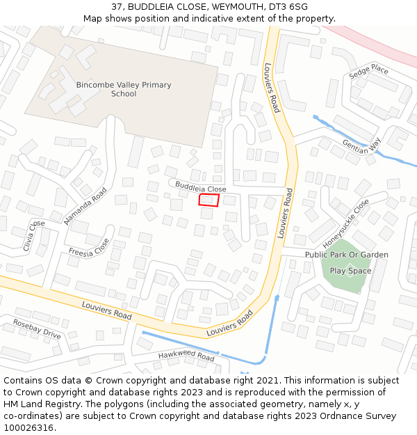 37, BUDDLEIA CLOSE, WEYMOUTH, DT3 6SG: Location map and indicative extent of plot