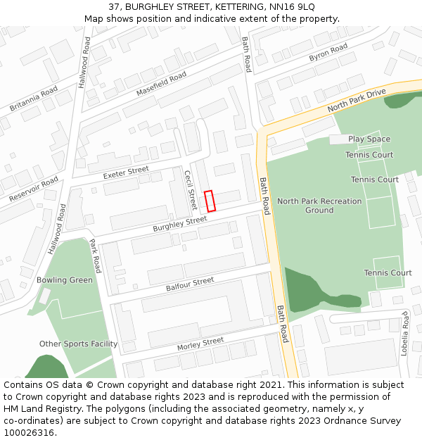 37, BURGHLEY STREET, KETTERING, NN16 9LQ: Location map and indicative extent of plot