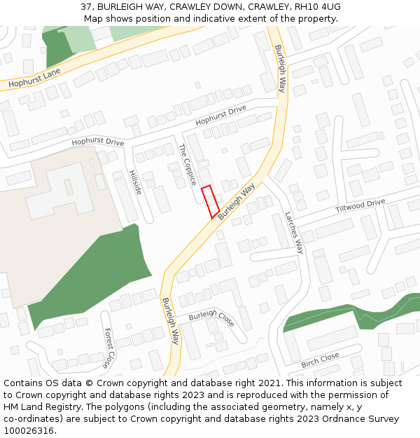 37, BURLEIGH WAY, CRAWLEY DOWN, CRAWLEY, RH10 4UG: Location map and indicative extent of plot