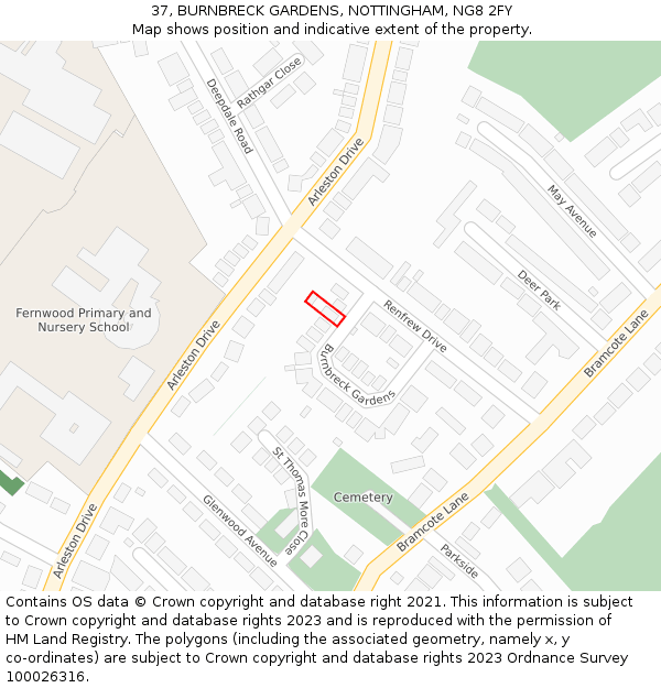 37, BURNBRECK GARDENS, NOTTINGHAM, NG8 2FY: Location map and indicative extent of plot