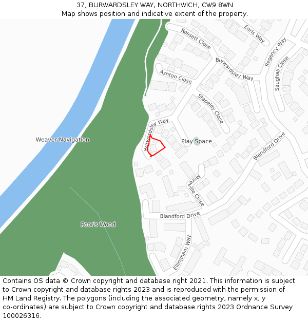 37, BURWARDSLEY WAY, NORTHWICH, CW9 8WN: Location map and indicative extent of plot