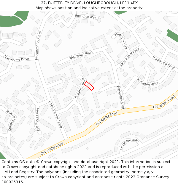 37, BUTTERLEY DRIVE, LOUGHBOROUGH, LE11 4PX: Location map and indicative extent of plot