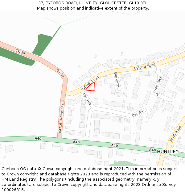 37, BYFORDS ROAD, HUNTLEY, GLOUCESTER, GL19 3EL: Location map and indicative extent of plot