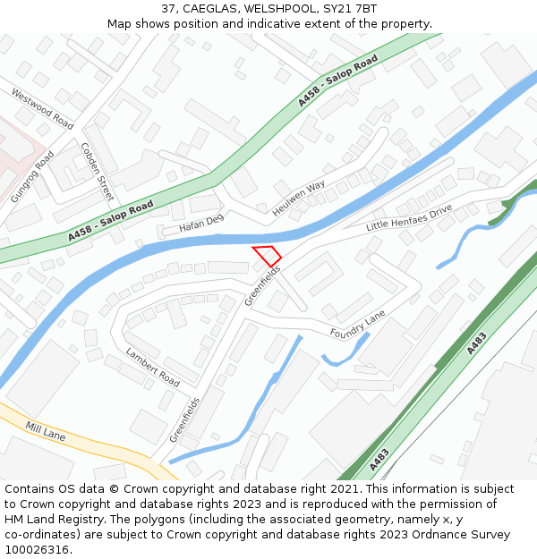 37, CAEGLAS, WELSHPOOL, SY21 7BT: Location map and indicative extent of plot