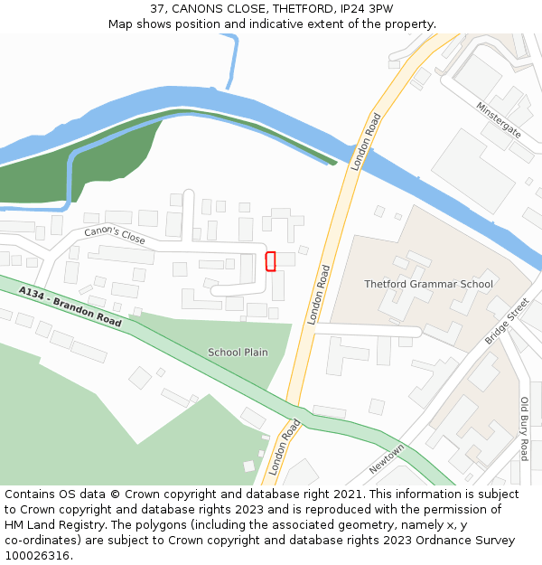 37, CANONS CLOSE, THETFORD, IP24 3PW: Location map and indicative extent of plot