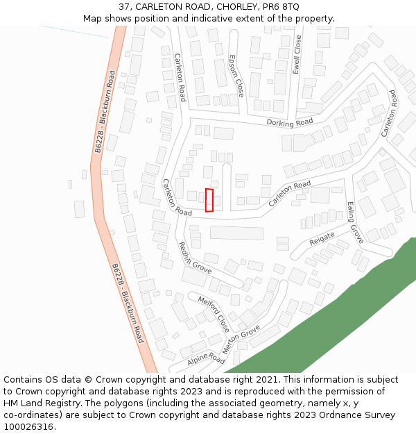 37, CARLETON ROAD, CHORLEY, PR6 8TQ: Location map and indicative extent of plot