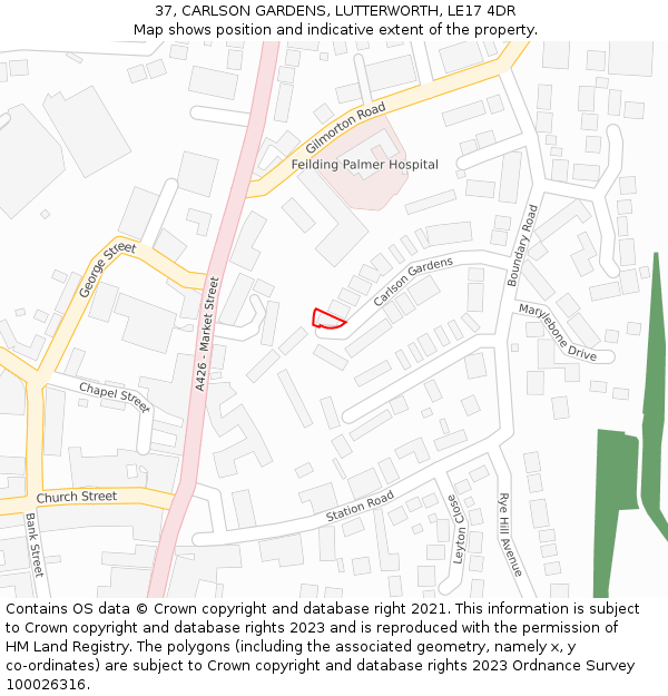 37, CARLSON GARDENS, LUTTERWORTH, LE17 4DR: Location map and indicative extent of plot