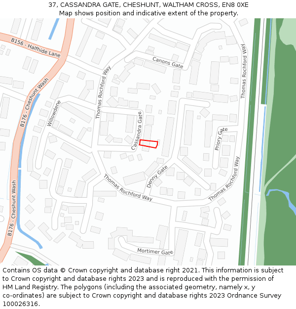 37, CASSANDRA GATE, CHESHUNT, WALTHAM CROSS, EN8 0XE: Location map and indicative extent of plot