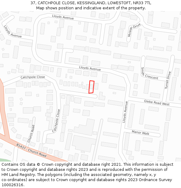 37, CATCHPOLE CLOSE, KESSINGLAND, LOWESTOFT, NR33 7TL: Location map and indicative extent of plot