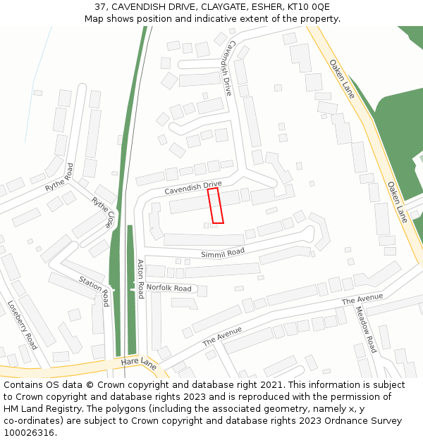 37, CAVENDISH DRIVE, CLAYGATE, ESHER, KT10 0QE: Location map and indicative extent of plot