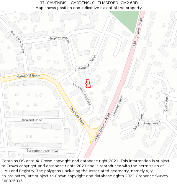 37, CAVENDISH GARDENS, CHELMSFORD, CM2 6BB: Location map and indicative extent of plot