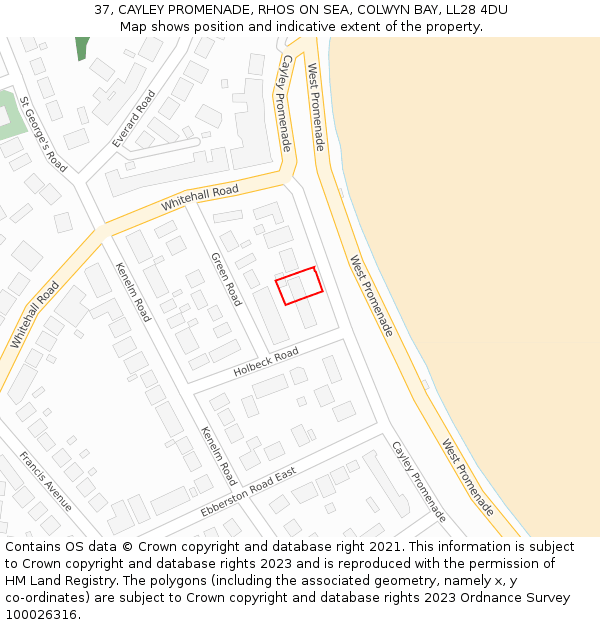 37, CAYLEY PROMENADE, RHOS ON SEA, COLWYN BAY, LL28 4DU: Location map and indicative extent of plot