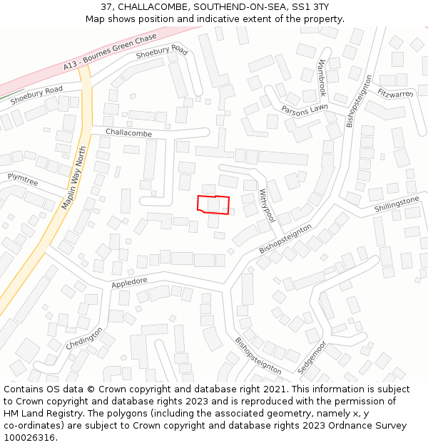 37, CHALLACOMBE, SOUTHEND-ON-SEA, SS1 3TY: Location map and indicative extent of plot