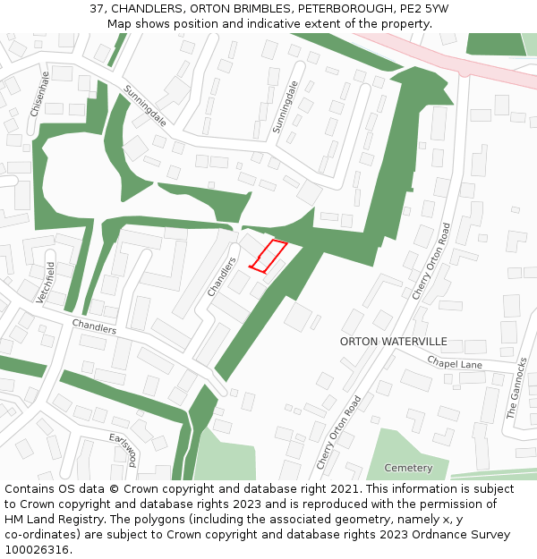 37, CHANDLERS, ORTON BRIMBLES, PETERBOROUGH, PE2 5YW: Location map and indicative extent of plot