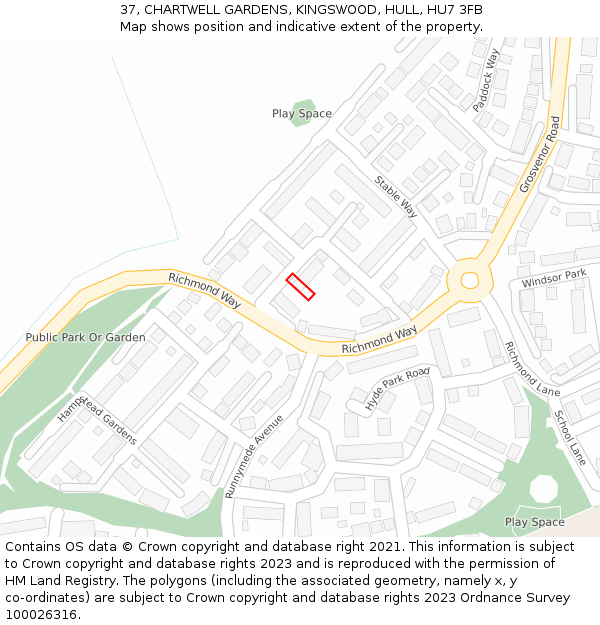 37, CHARTWELL GARDENS, KINGSWOOD, HULL, HU7 3FB: Location map and indicative extent of plot