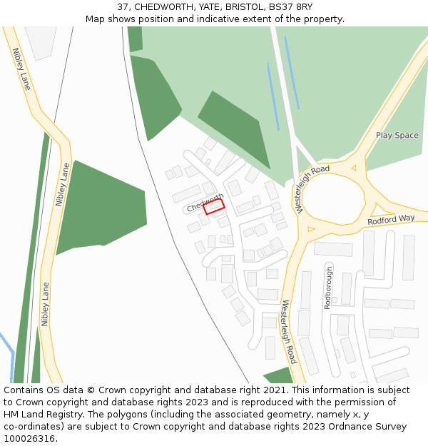 37, CHEDWORTH, YATE, BRISTOL, BS37 8RY: Location map and indicative extent of plot