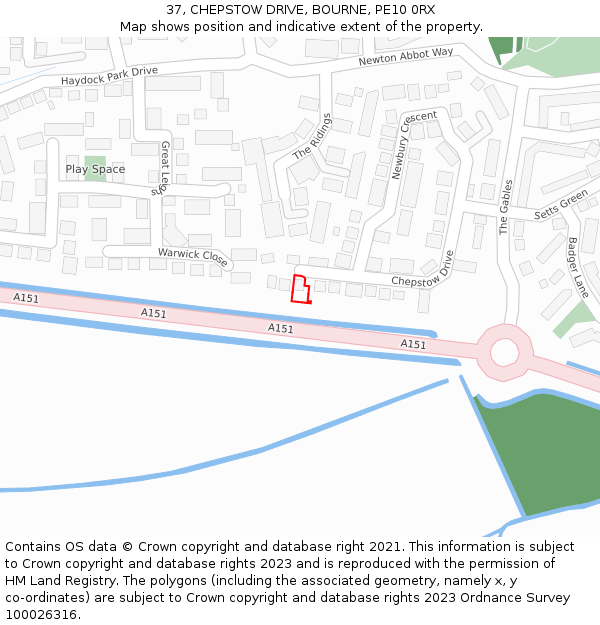 37, CHEPSTOW DRIVE, BOURNE, PE10 0RX: Location map and indicative extent of plot