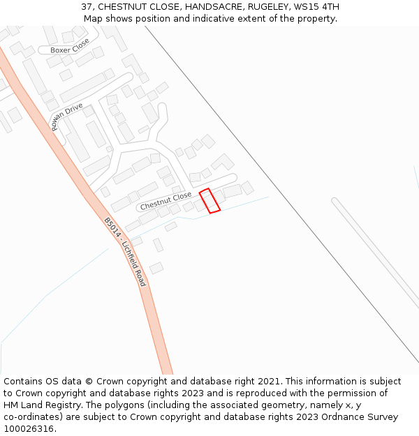 37, CHESTNUT CLOSE, HANDSACRE, RUGELEY, WS15 4TH: Location map and indicative extent of plot