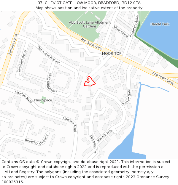 37, CHEVIOT GATE, LOW MOOR, BRADFORD, BD12 0EA: Location map and indicative extent of plot