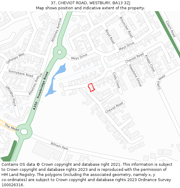 37, CHEVIOT ROAD, WESTBURY, BA13 3ZJ: Location map and indicative extent of plot