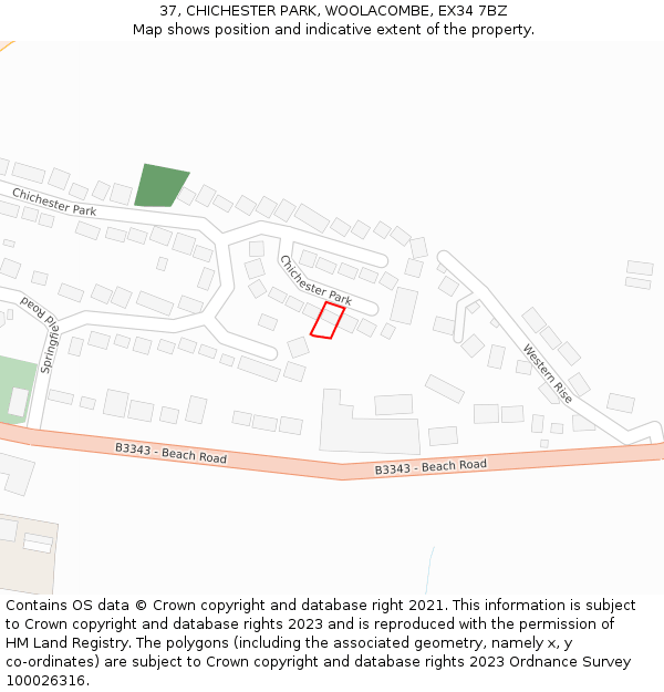 37, CHICHESTER PARK, WOOLACOMBE, EX34 7BZ: Location map and indicative extent of plot