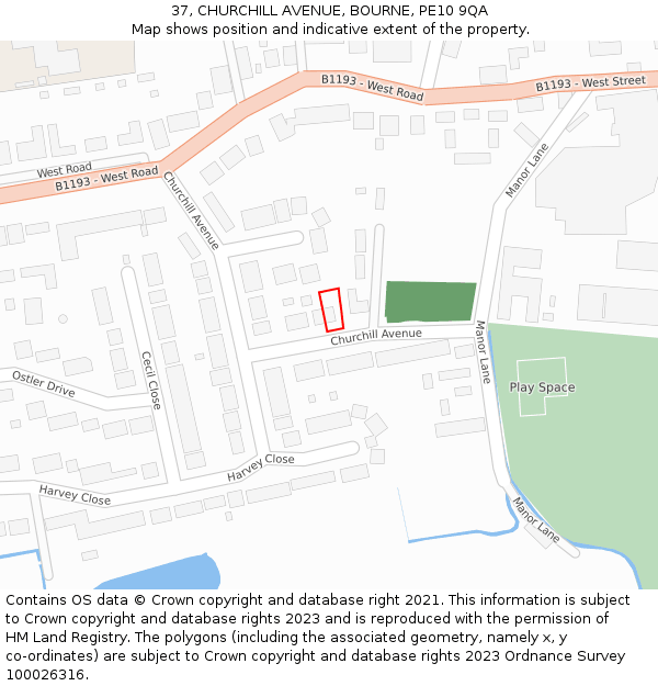 37, CHURCHILL AVENUE, BOURNE, PE10 9QA: Location map and indicative extent of plot