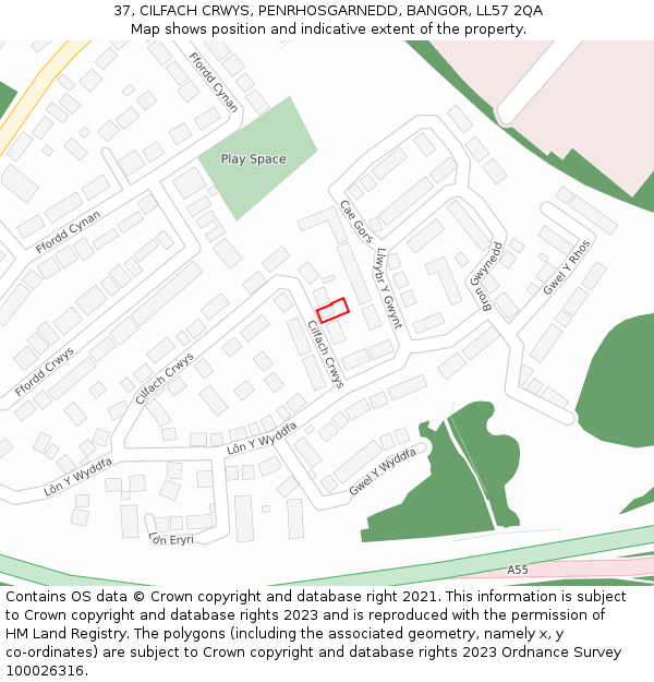 37, CILFACH CRWYS, PENRHOSGARNEDD, BANGOR, LL57 2QA: Location map and indicative extent of plot