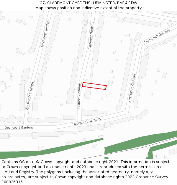 37, CLAREMONT GARDENS, UPMINSTER, RM14 1DW: Location map and indicative extent of plot